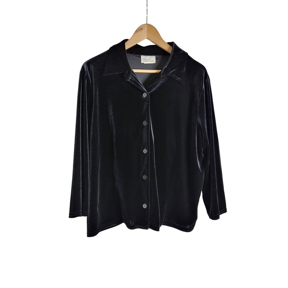 Kathie Lee Collection Black Velvet Button Up Shirt Long Sleeve XL Dark Romantic